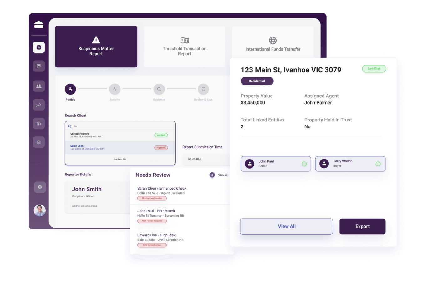 AML Assured reporting dashboard with suspicious matter reports, client risk ratings and property details