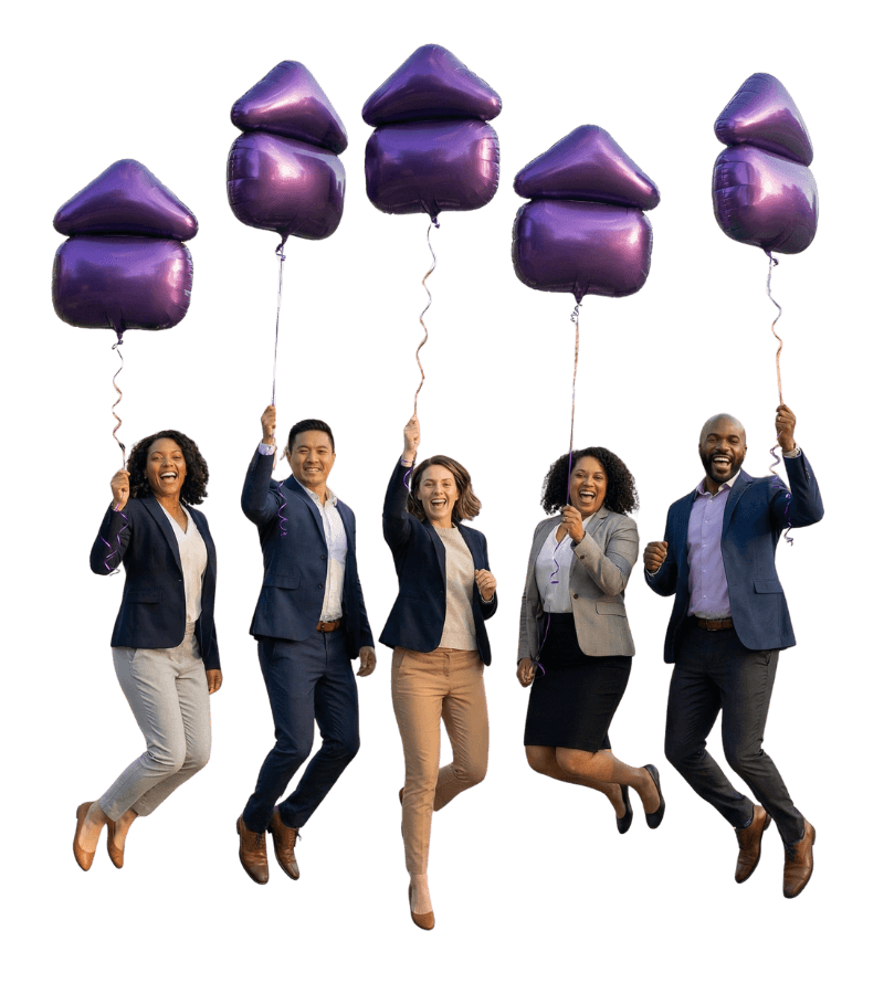 Real estate professionals celebrating with purple house-shaped balloons