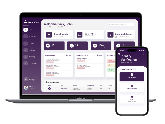 AML Assured platform dashboard on laptop with identity verification mobile screen for real estate compliance